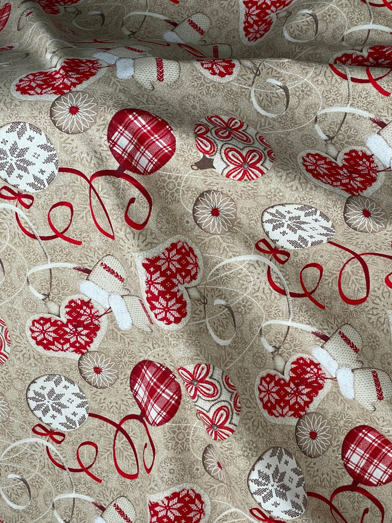 Festive Cotton Fabric for Home Decor Featuring Red Hearts Mittens and Snowflakes