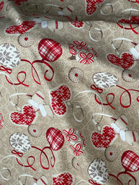 Thumbnail for Festive Cotton Fabric for Home Decor Featuring Red Hearts Mittens and Snowflakes