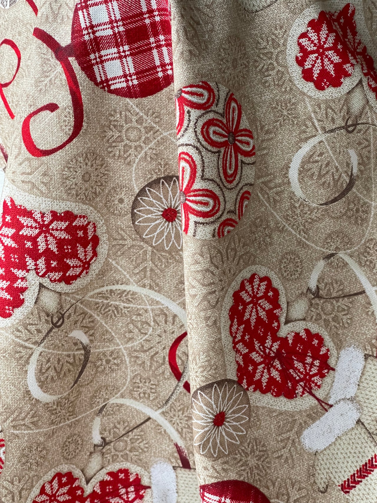 Festive Cotton Fabric for Home Decor Featuring Red Hearts Mittens and Snowflakes