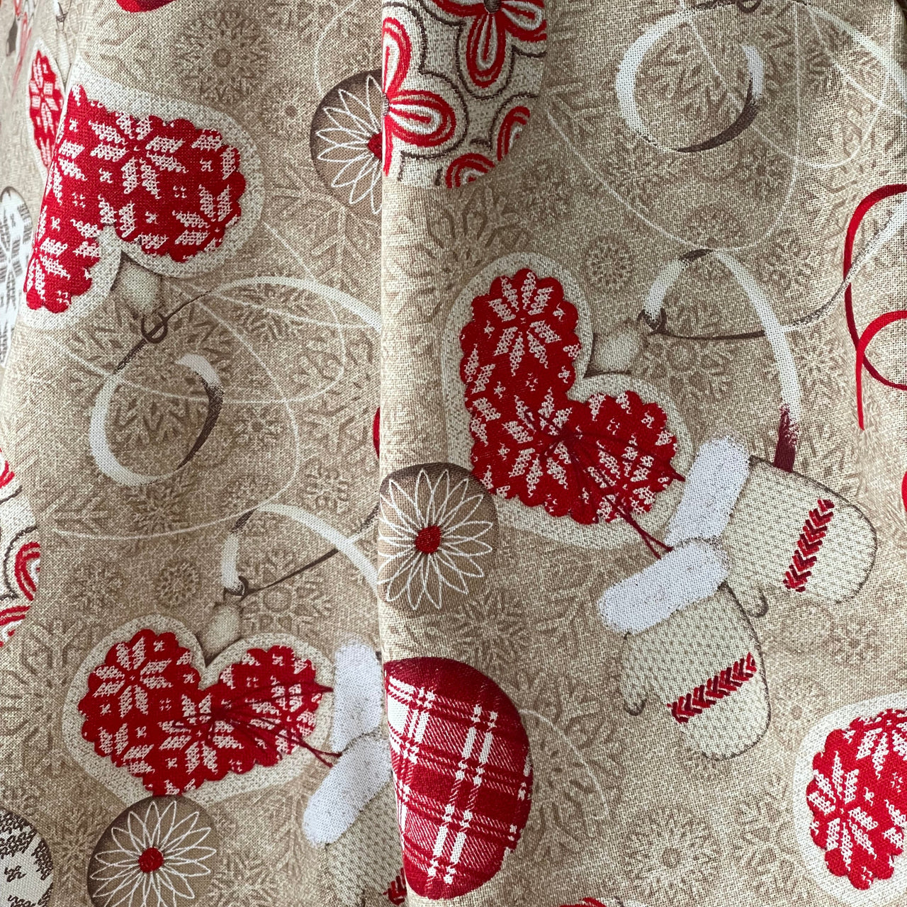 Festive Cotton Fabric for Home Decor Featuring Red Hearts Mittens and Snowflakes