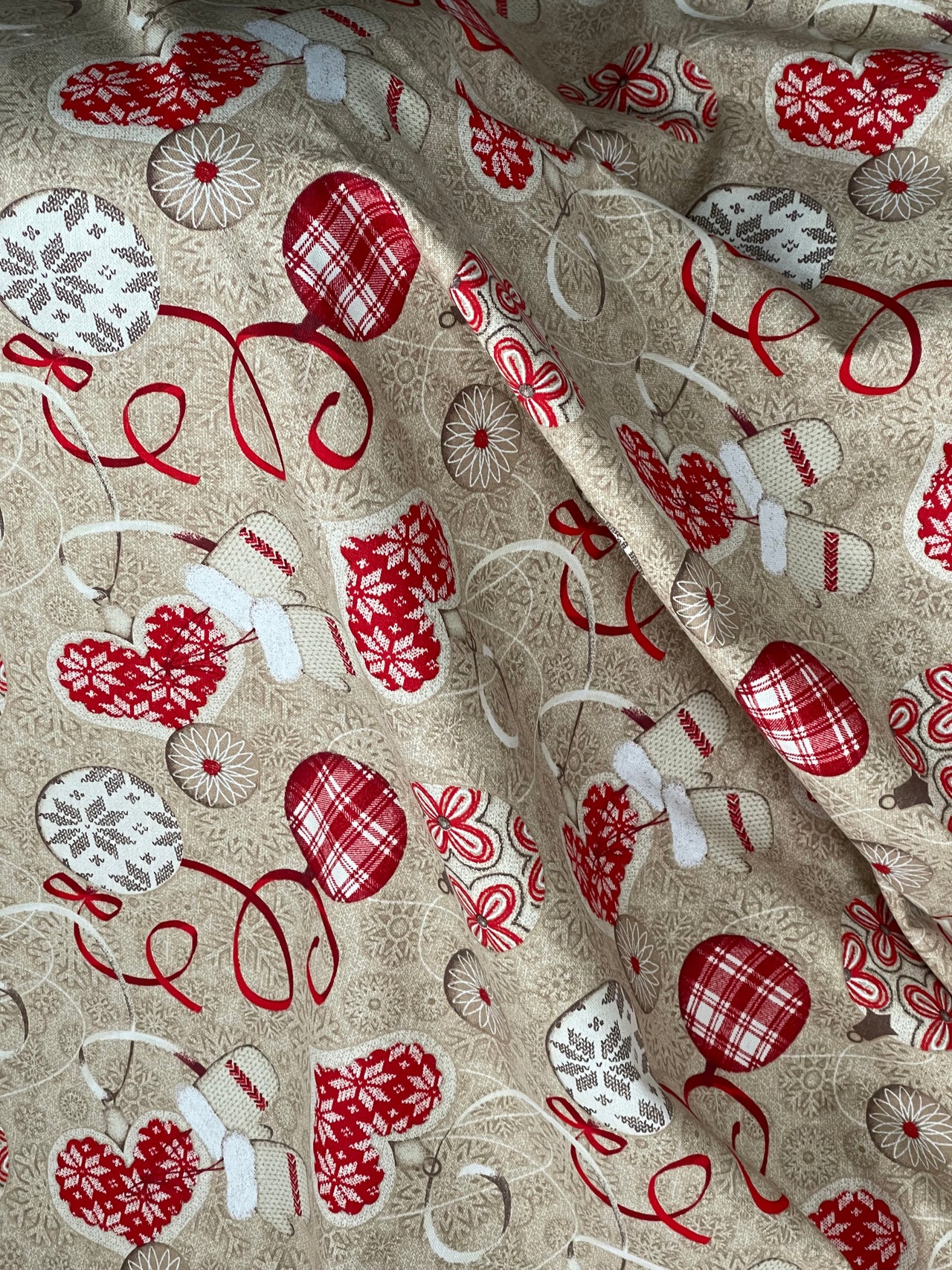 Festive Cotton Fabric for Home Decor Featuring Red Hearts Mittens and Snowflakes