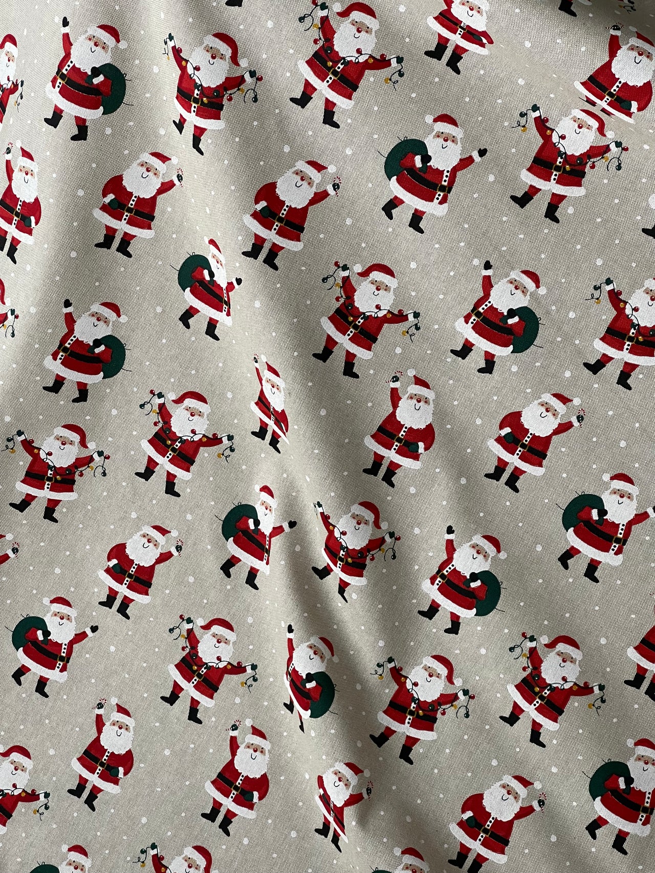 Christmas Santa Cotton Fabric Light Bulbs and Snow Pattern for Festive Tablecloths Bags and Art Crafts