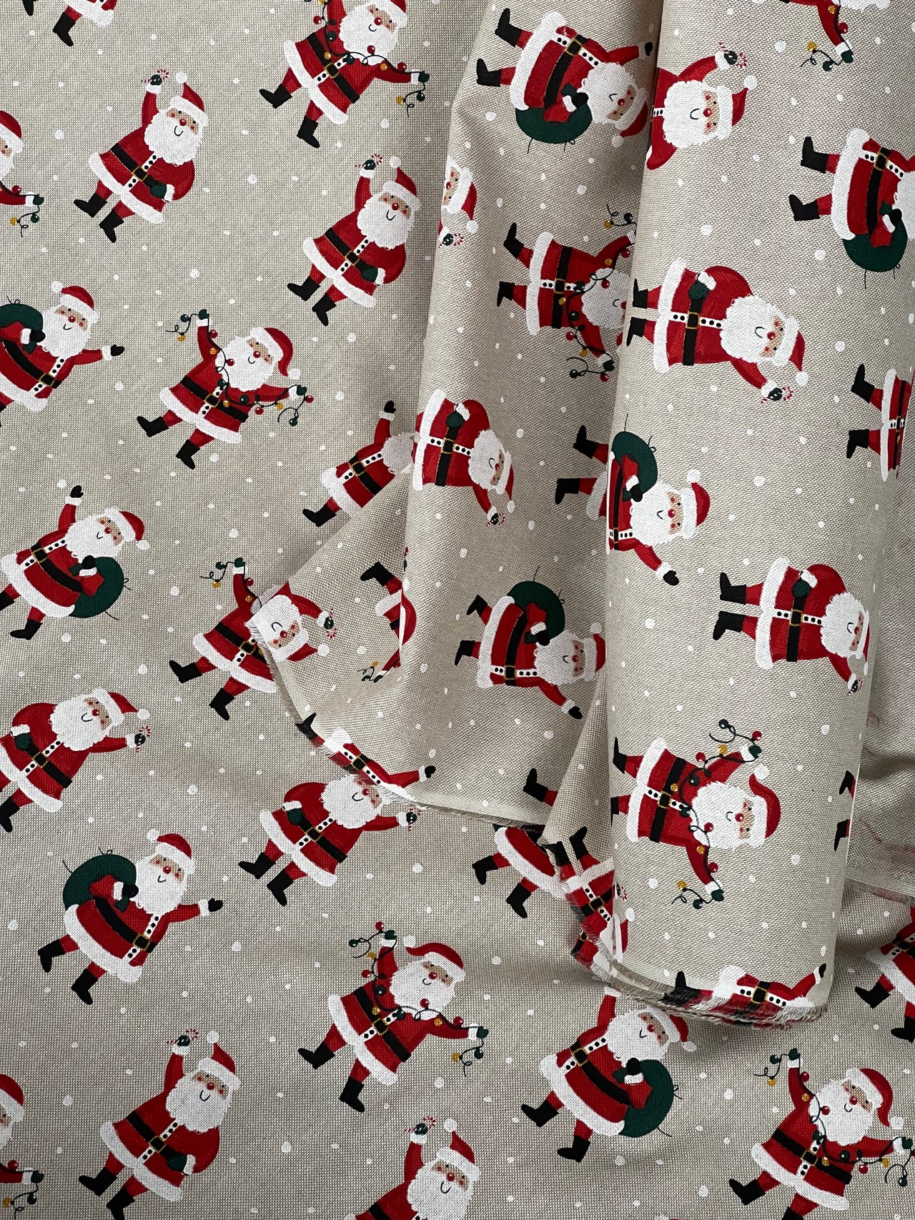 Christmas Santa Cotton Fabric Light Bulbs and Snow Pattern for Festive Tablecloths Bags and Art Crafts