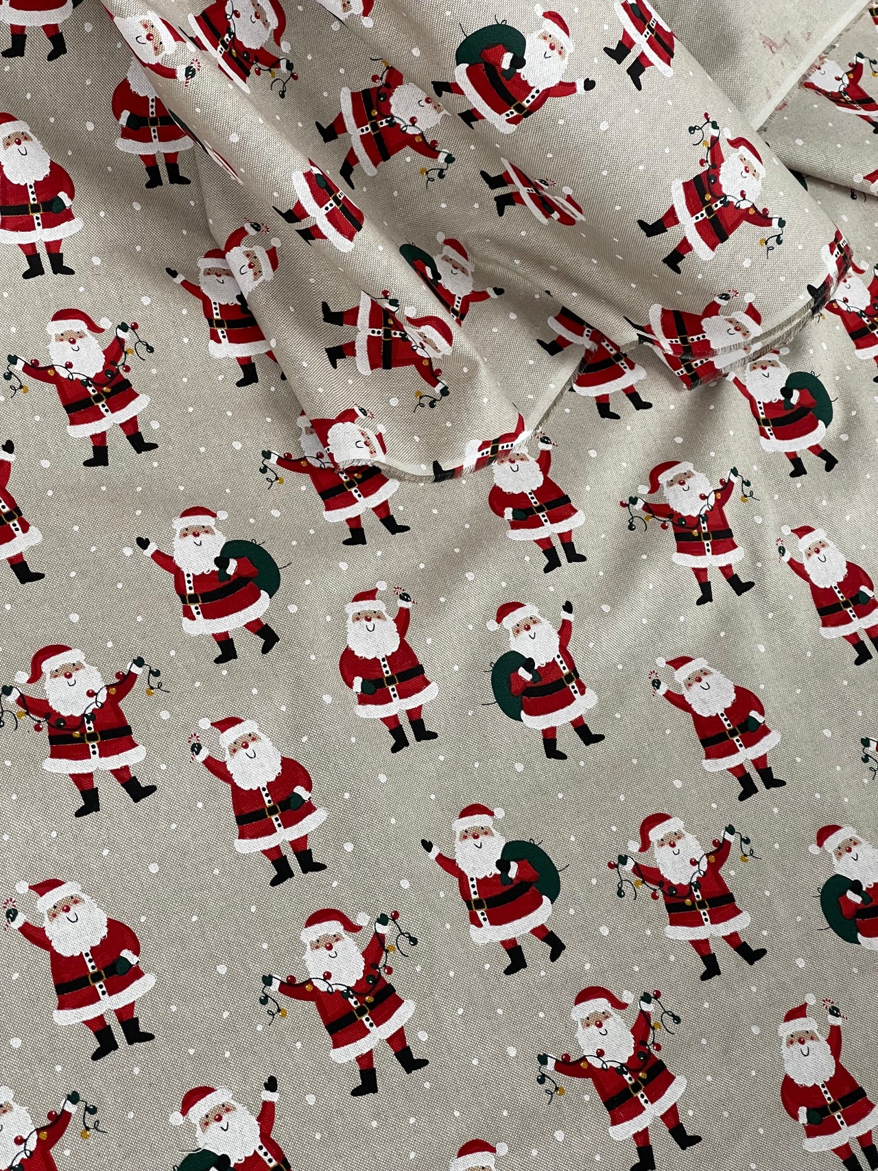 Christmas Santa Cotton Fabric Light Bulbs and Snow Pattern for Festive Tablecloths Bags and Art Crafts