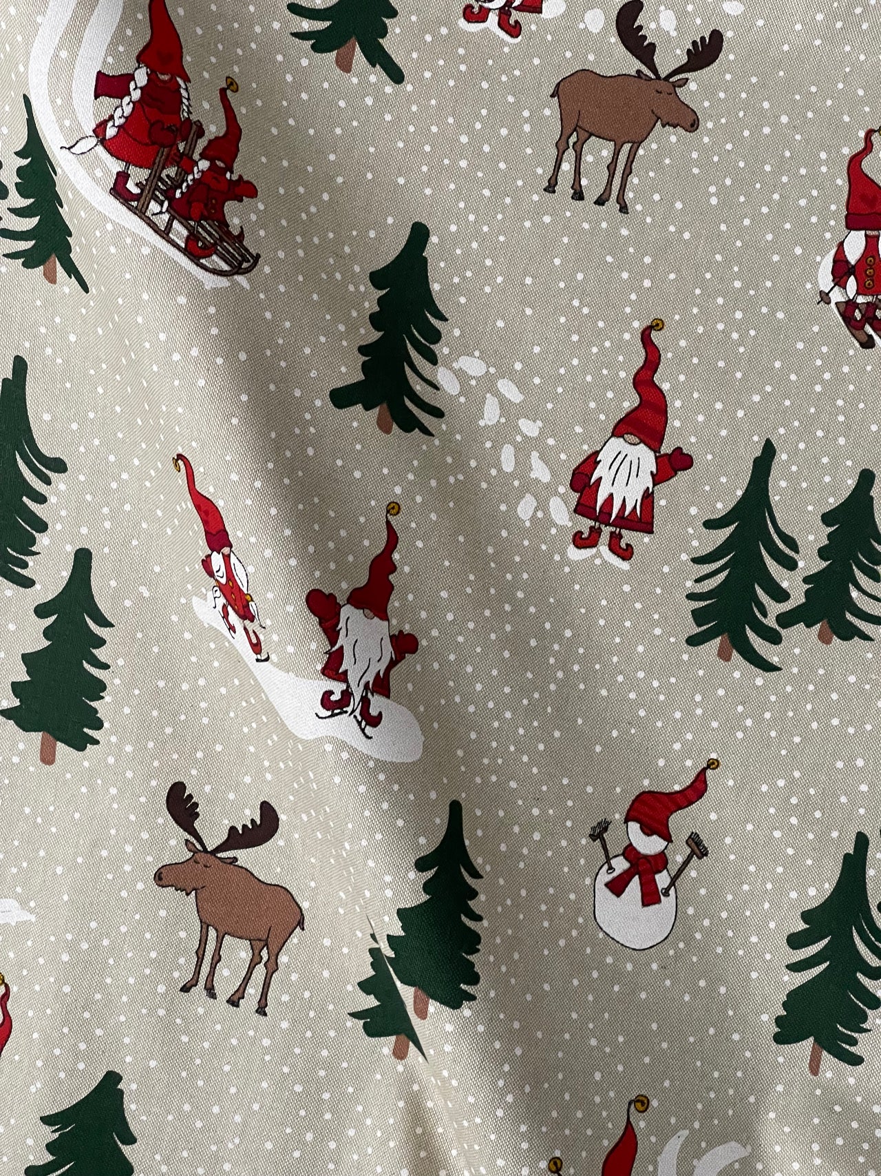 Santa’s Holiday Cotton Fabric with Reindeer Snowflakes and Trees Perfect for Tablecloths and Festive Home Decor