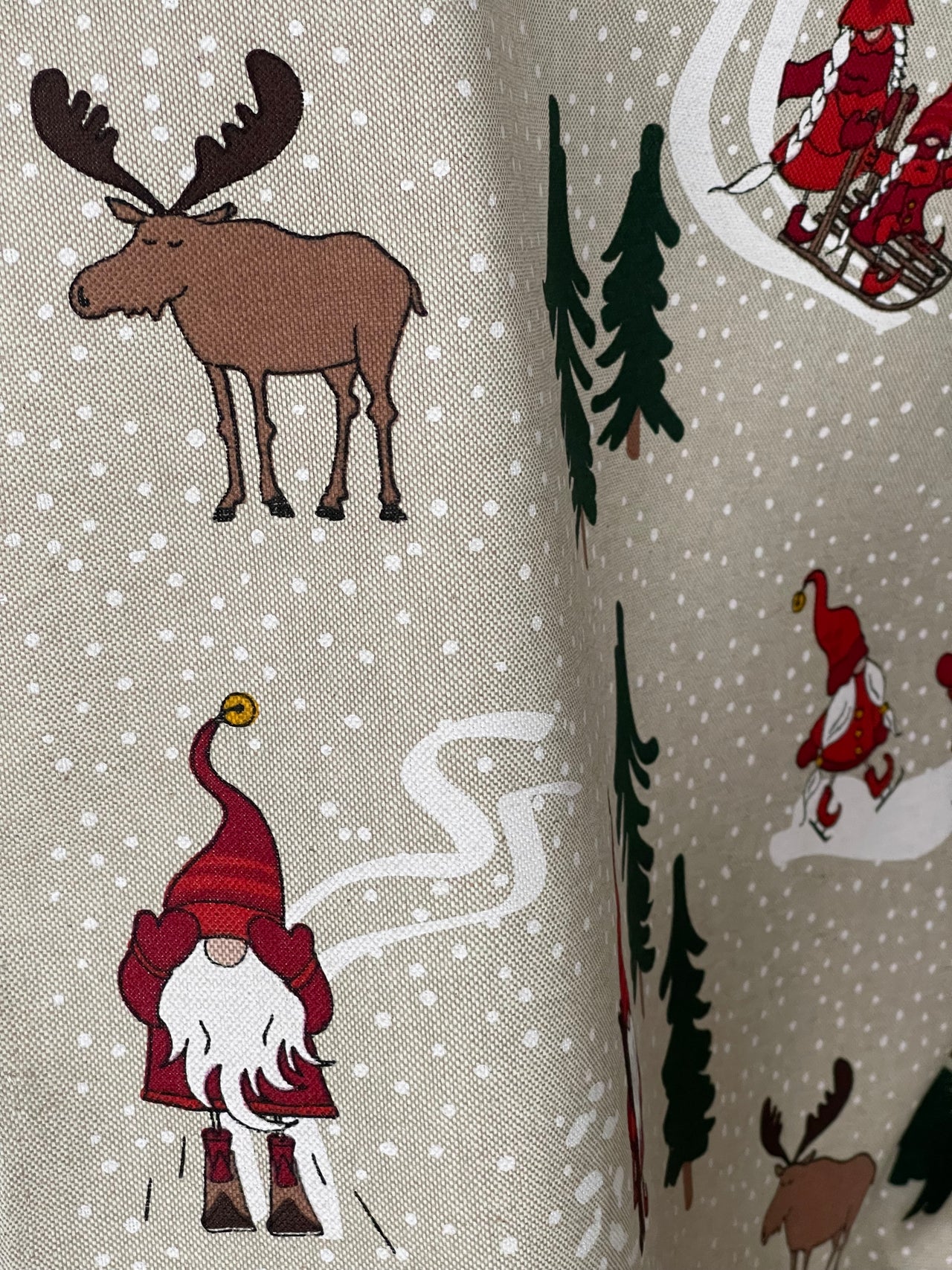 Santa’s Holiday Cotton Fabric with Reindeer Snowflakes and Trees Perfect for Tablecloths and Festive Home Decor