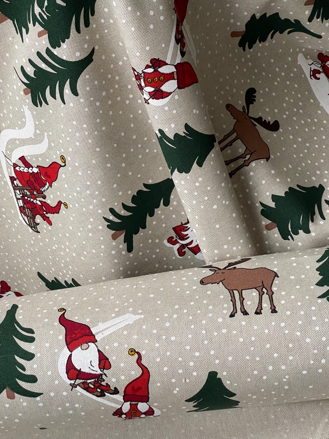 Santa’s Holiday Cotton Fabric with Reindeer Snowflakes and Trees Perfect for Tablecloths and Festive Home Decor