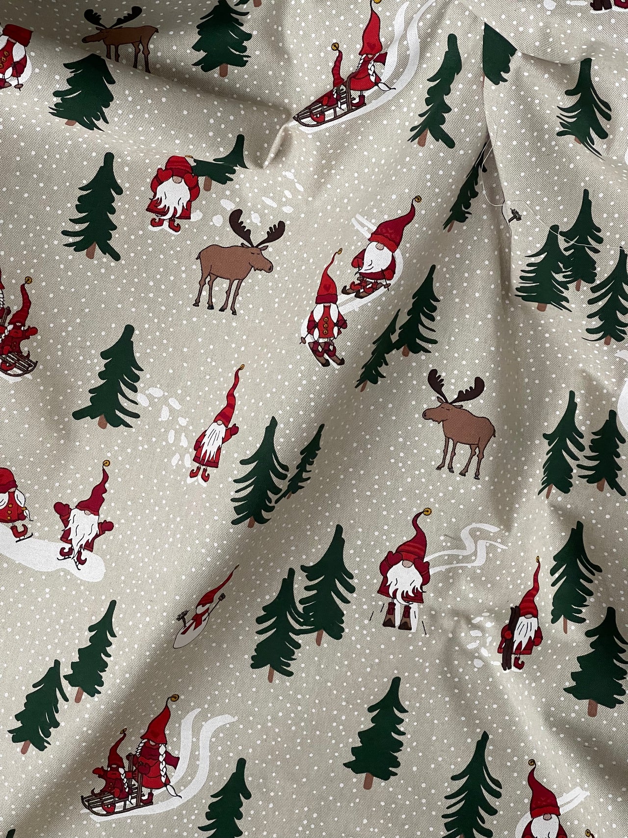 Santa’s Holiday Cotton Fabric with Reindeer Snowflakes and Trees Perfect for Tablecloths and Festive Home Decor