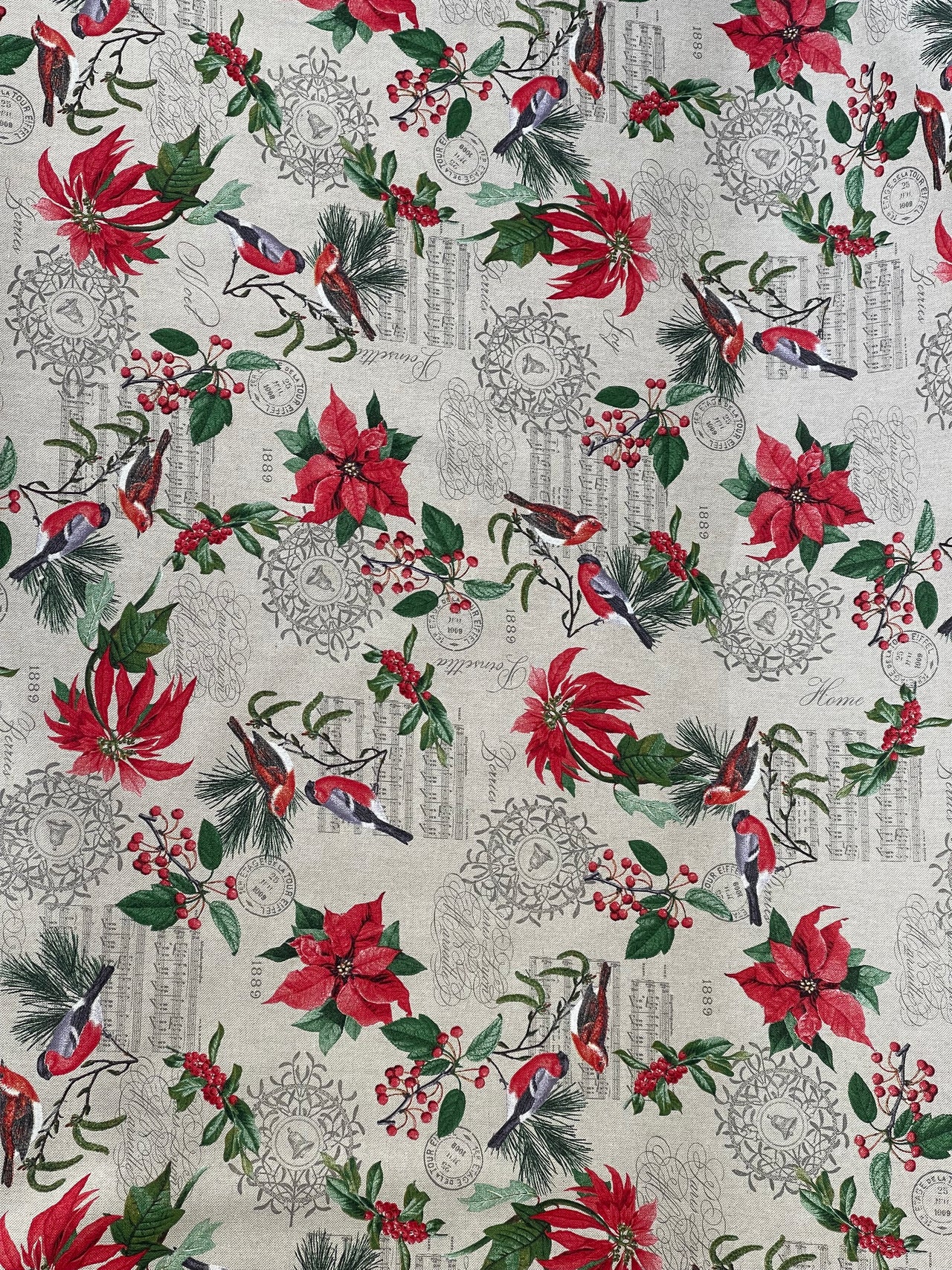 Poinsettia Christmas Cotton Fabric Red and Green Floral Design with Birds Xmas Print Cushions Tablecloths Crafts