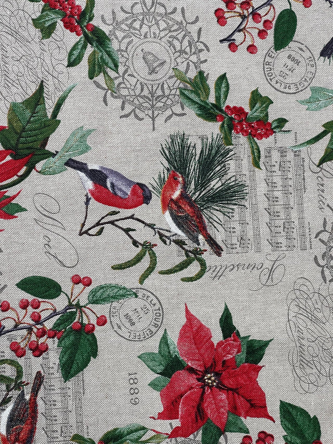 Poinsettia Christmas Cotton Fabric Red and Green Floral Design with Birds Xmas Print Cushions Tablecloths Crafts