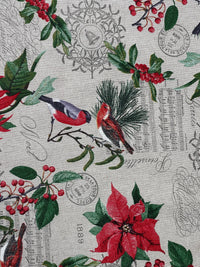 Thumbnail for Poinsettia Christmas Cotton Fabric Red and Green Floral Design with Birds Xmas Print Cushions Tablecloths Crafts