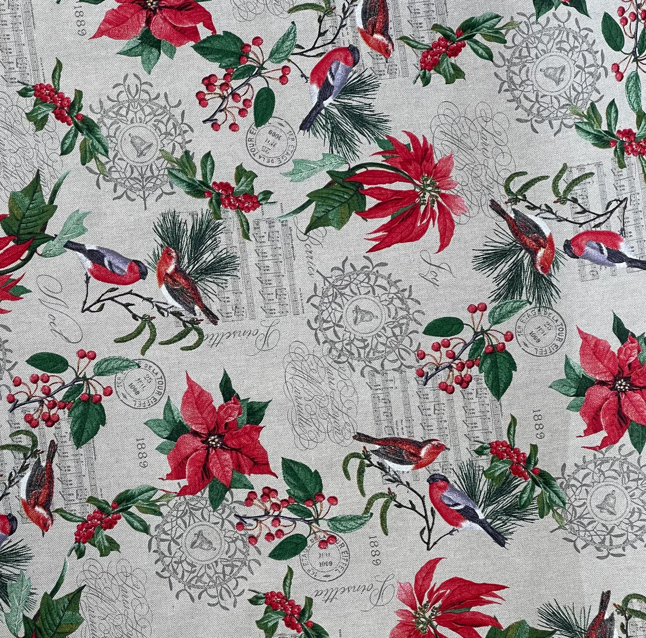 Poinsettia Christmas Cotton Fabric Red and Green Floral Design with Birds Xmas Print Cushions Tablecloths Crafts