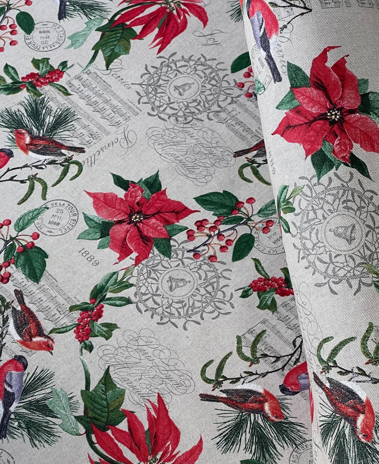 Poinsettia Christmas Cotton Fabric Red and Green Floral Design with Birds Xmas Print Cushions Tablecloths Crafts