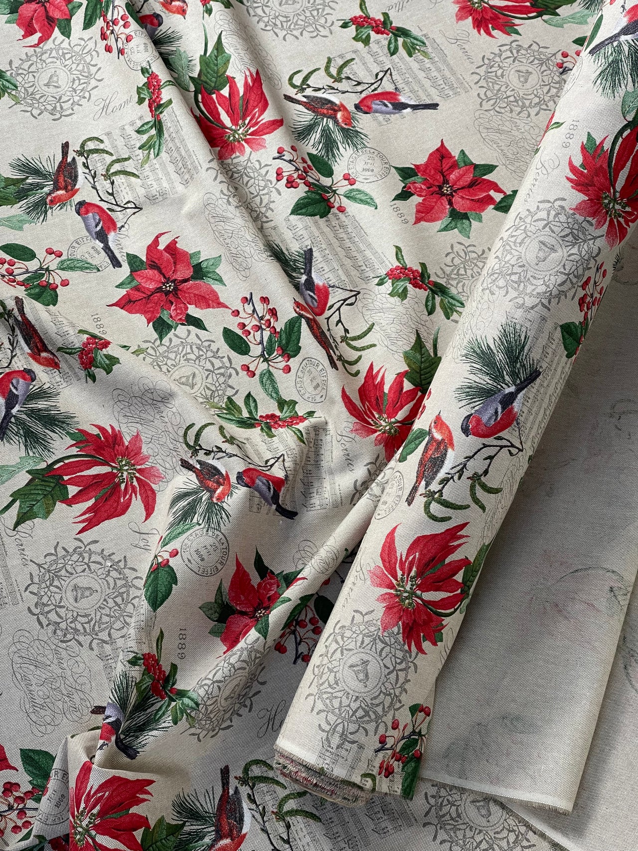 Poinsettia Christmas Cotton Fabric Red and Green Floral Design with Birds Xmas Print Cushions Tablecloths Crafts