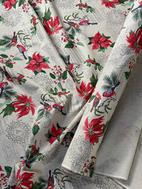 Thumbnail for Poinsettia Christmas Cotton Fabric Red and Green Floral Design with Birds Xmas Print Cushions Tablecloths Crafts