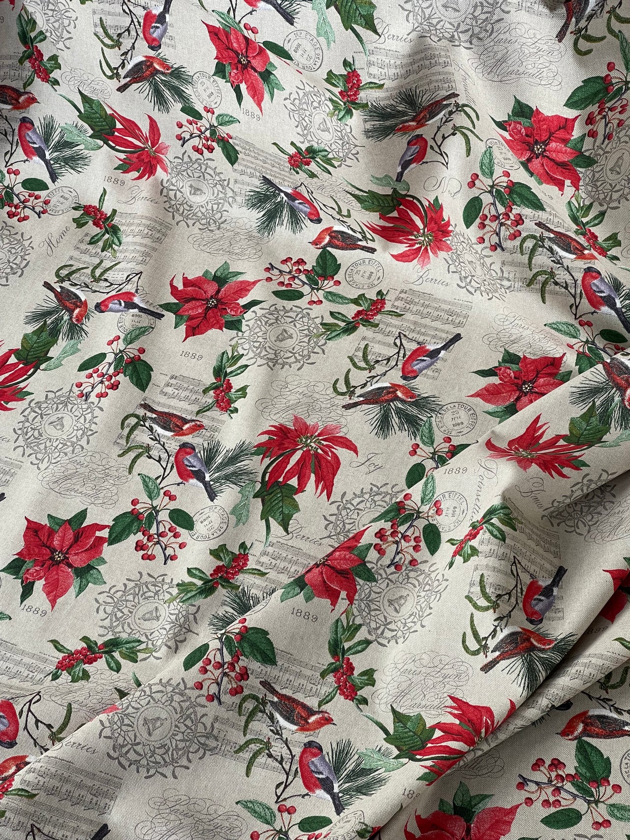 Poinsettia Christmas Cotton Fabric Red and Green Floral Design with Birds Xmas Print Cushions Tablecloths Crafts