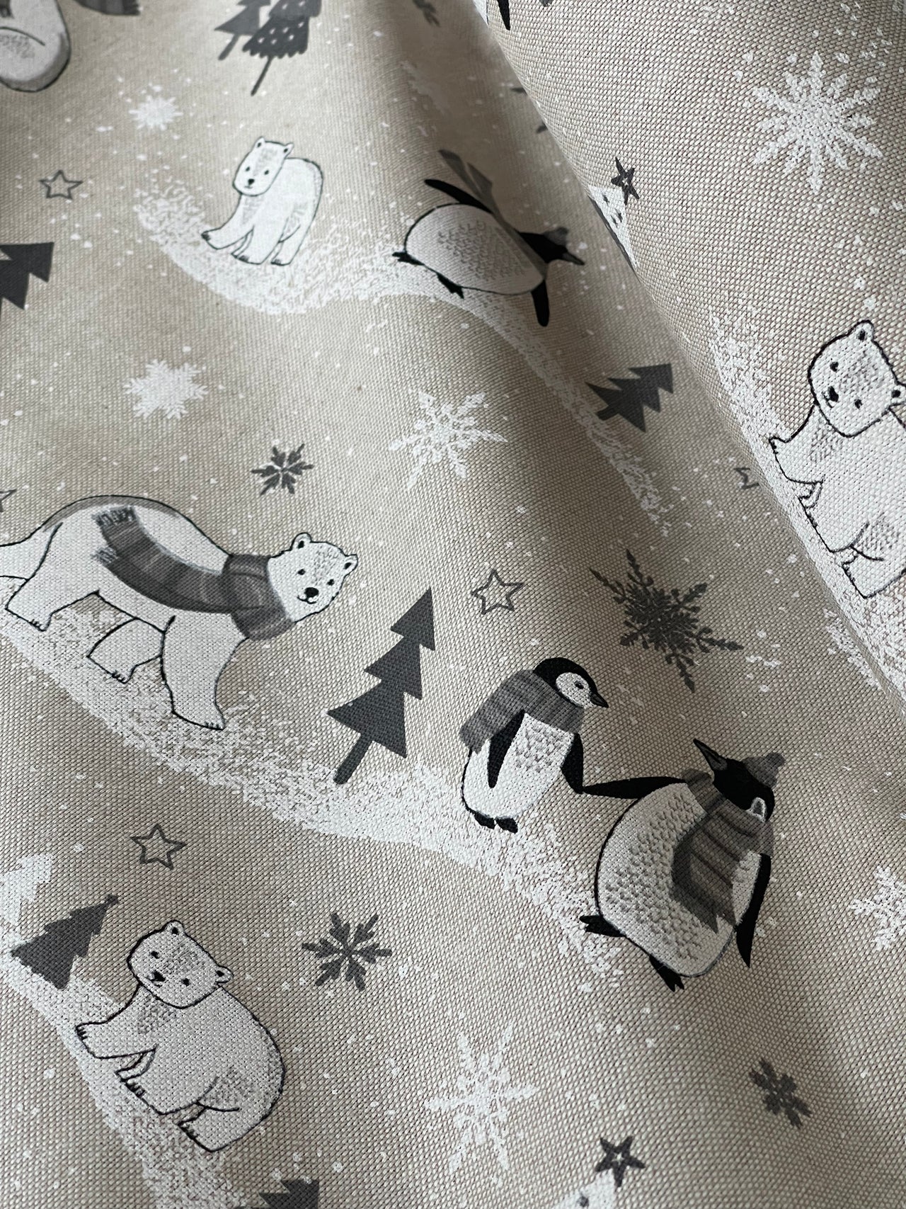 Festive Polar Bear and Penguin Fabric Grey Linen Look for Christmas Tablecloth Cushions and Home Decor