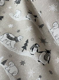 Thumbnail for Festive Polar Bear and Penguin Fabric Grey Linen Look for Christmas Tablecloth Cushions and Home Decor