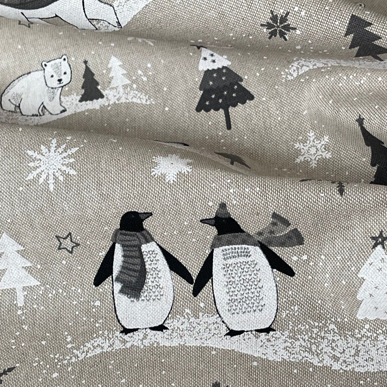 Festive Polar Bear and Penguin Fabric Grey Linen Look for Christmas Tablecloth Cushions and Home Decor