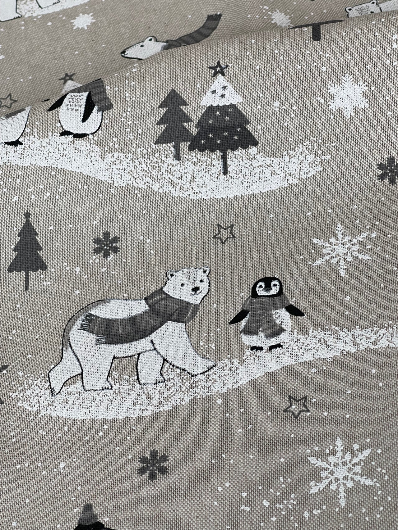 Festive Polar Bear and Penguin Fabric Grey Linen Look for Christmas Tablecloth Cushions and Home Decor