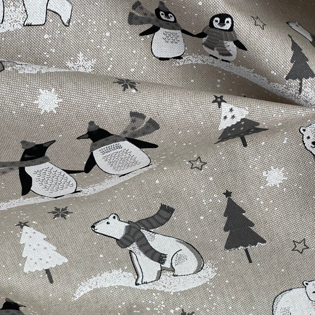 Festive Polar Bear and Penguin Fabric Grey Linen Look for Christmas Tablecloth Cushions and Home Decor