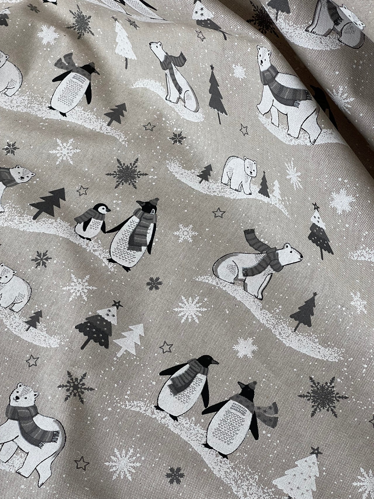 Festive Polar Bear and Penguin Fabric Grey Linen Look for Christmas Tablecloth Cushions and Home Decor