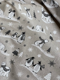 Thumbnail for Festive Polar Bear and Penguin Fabric Grey Linen Look for Christmas Tablecloth Cushions and Home Decor