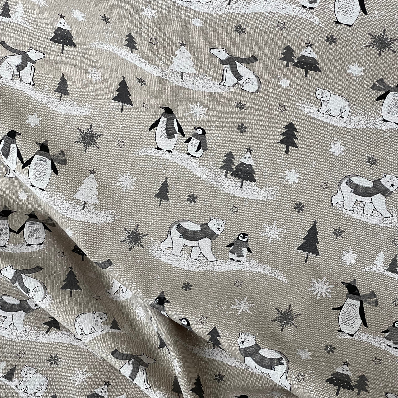 Festive Polar Bear and Penguin Fabric Grey Linen Look for Christmas Tablecloth Cushions and Home Decor