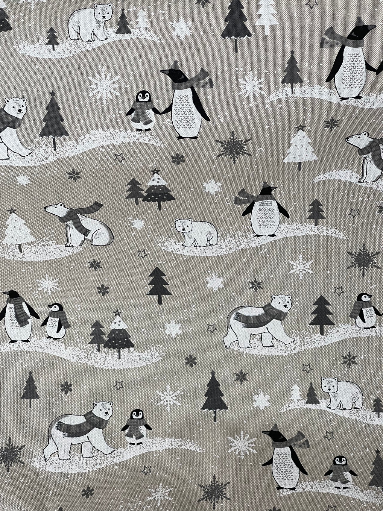 Festive Polar Bear and Penguin Fabric Grey Linen Look for Christmas Tablecloth Cushions and Home Decor