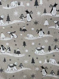 Thumbnail for Festive Polar Bear and Penguin Fabric Grey Linen Look for Christmas Tablecloth Cushions and Home Decor