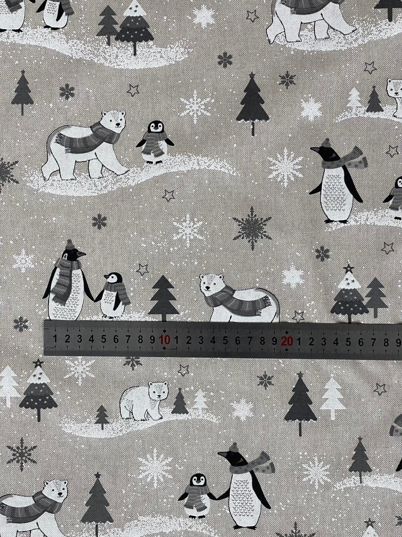 Festive Polar Bear and Penguin Fabric Grey Linen Look for Christmas Tablecloth Cushions and Home Decor