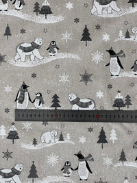 Thumbnail for Festive Polar Bear and Penguin Fabric Grey Linen Look for Christmas Tablecloth Cushions and Home Decor