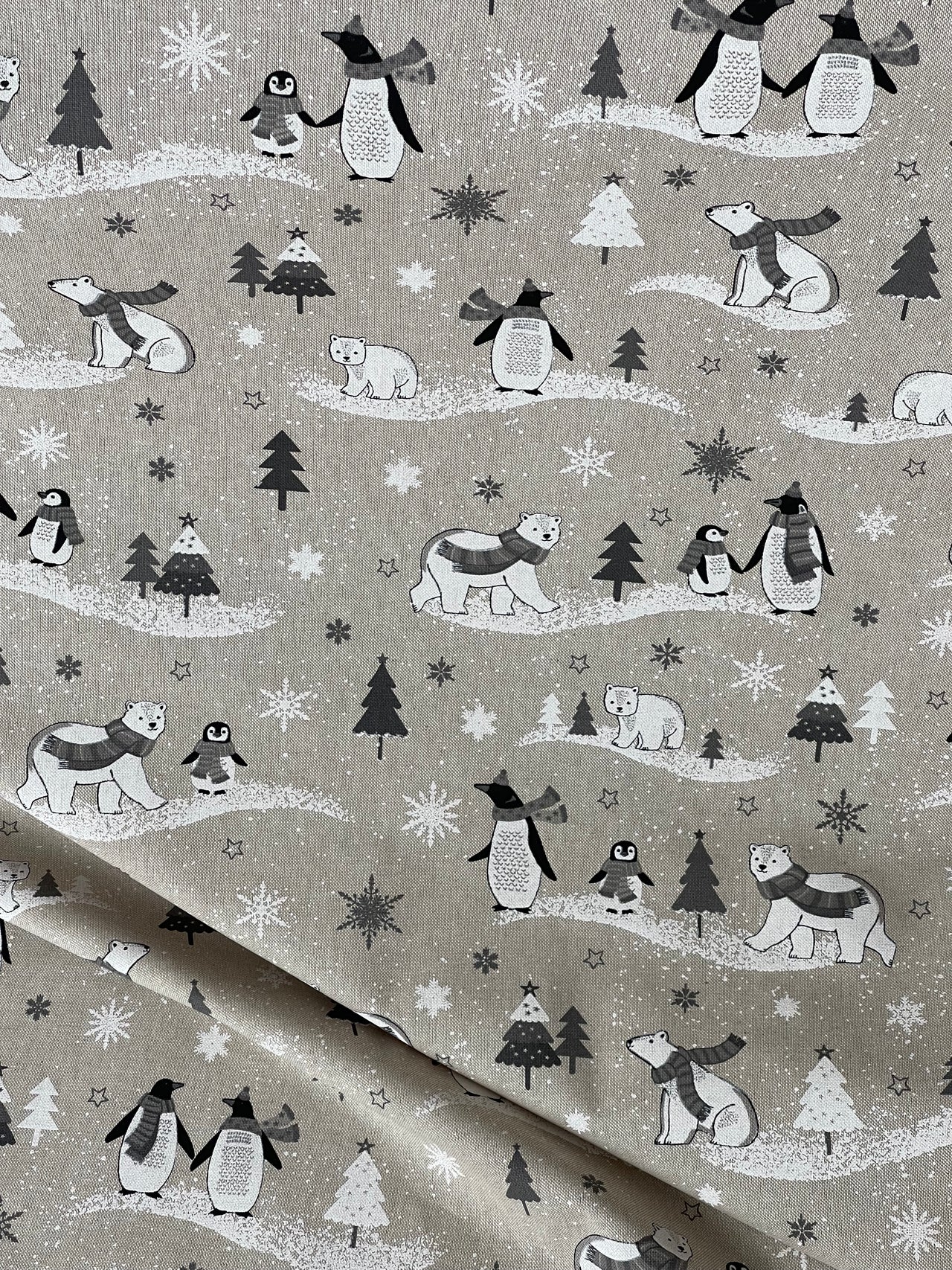 Festive Polar Bear and Penguin Fabric Grey Linen Look for Christmas Tablecloth Cushions and Home Decor