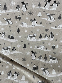 Thumbnail for Festive Polar Bear and Penguin Fabric Grey Linen Look for Christmas Tablecloth Cushions and Home Decor