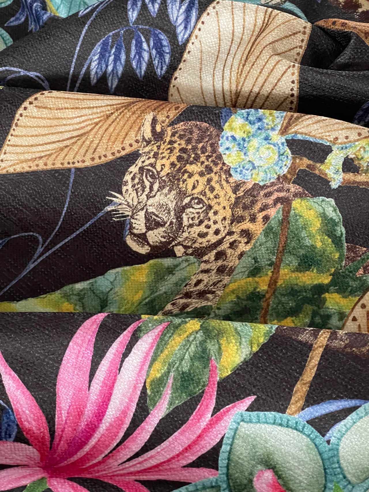 Tonga Jungle Black Fabric with Leopard Giraffe and Floral Botanical Print Animal Pattern Textile for Sewing and Crafts