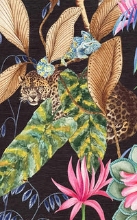 Thumbnail for Tonga Jungle Black Fabric with Leopard Giraffe and Floral Botanical Print Animal Pattern Textile for Sewing and Crafts