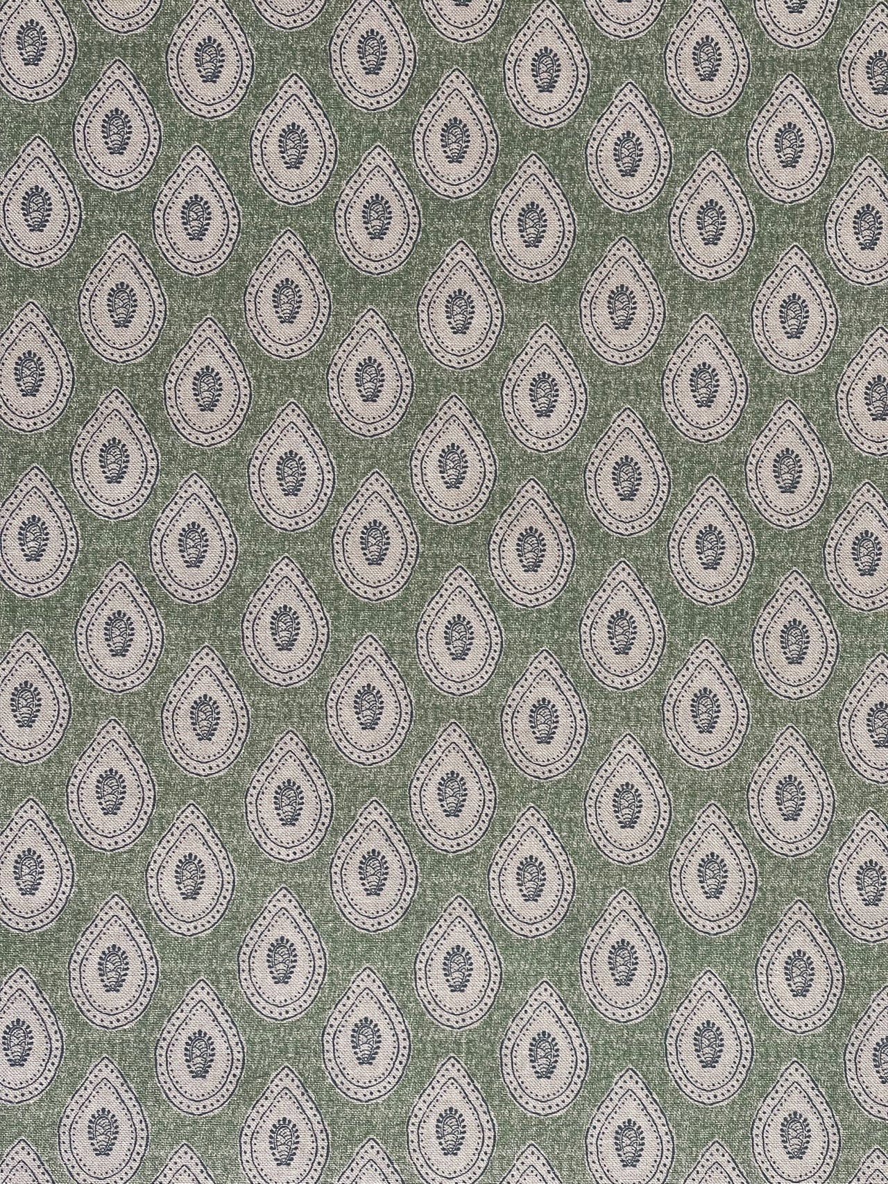 Green Teardrop Paisley Fabric – Linen Look Cotton Blend Indian Buta Upholstery & Curtain Fabric