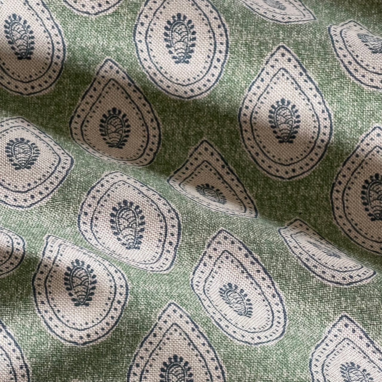 Green Teardrop Paisley Fabric – Linen Look Cotton Blend Indian Buta Upholstery & Curtain Fabric
