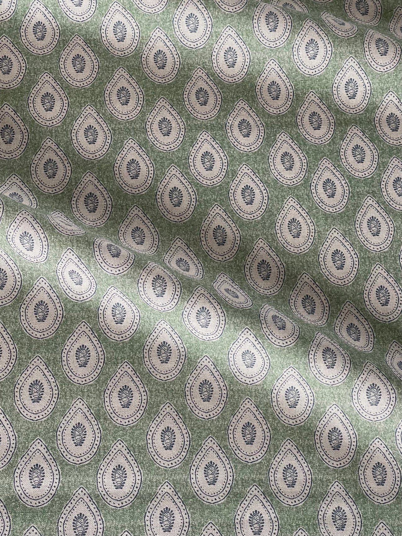 Green Teardrop Paisley Fabric – Linen Look Cotton Blend Indian Buta Upholstery & Curtain Fabric
