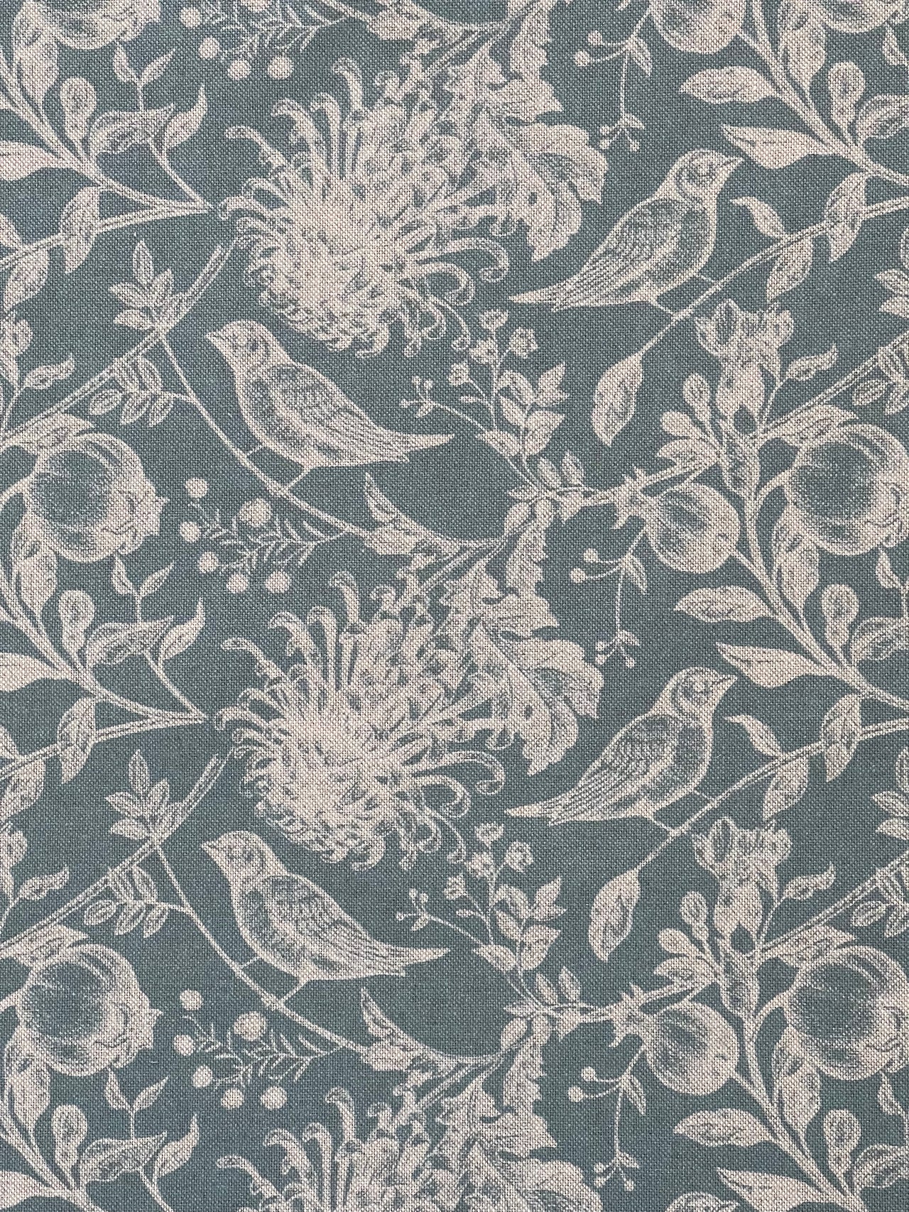 Steel Blue Floral Cotton Linen Fabric with Robin Birds – Ideal for Blinds, Curtains, Quilting, & Home Decor