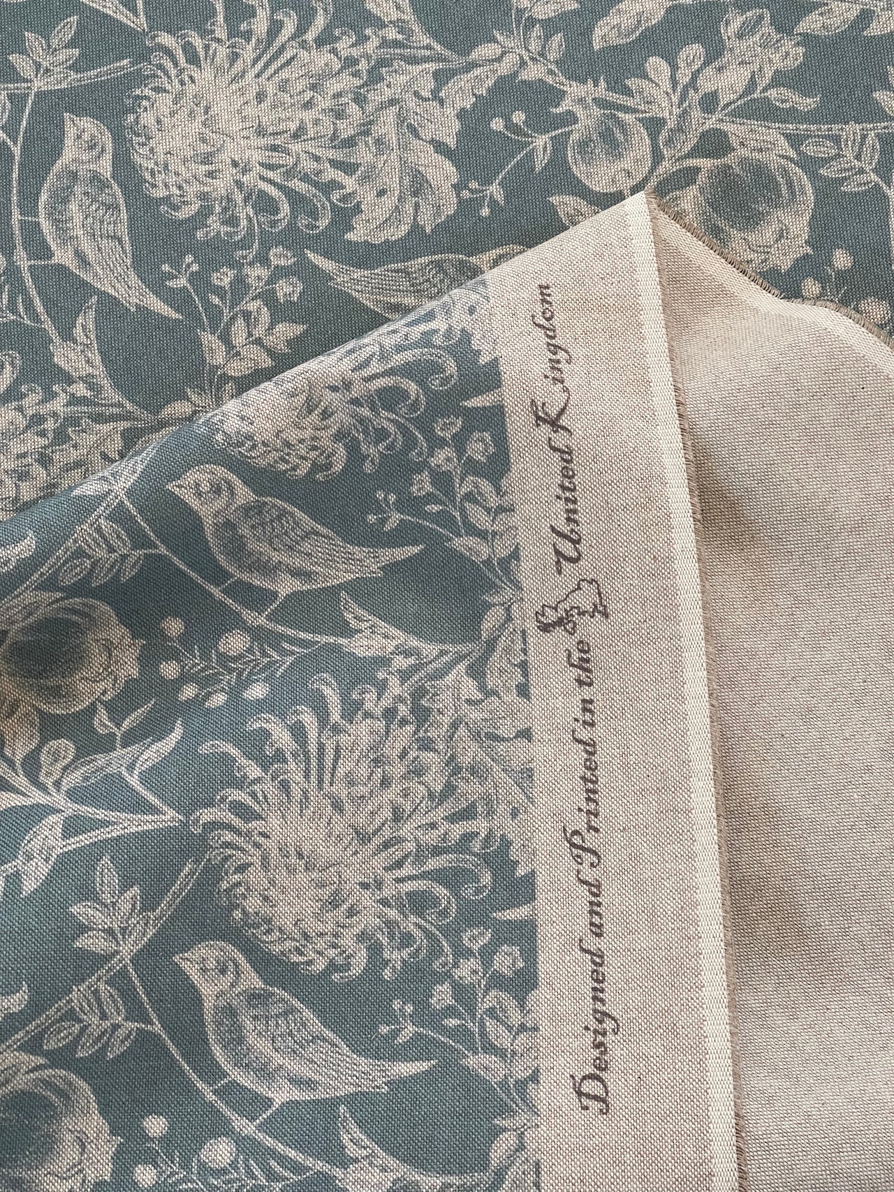 Steel Blue Floral Cotton Linen Fabric with Robin Birds – Ideal for Blinds, Curtains, Quilting, & Home Decor