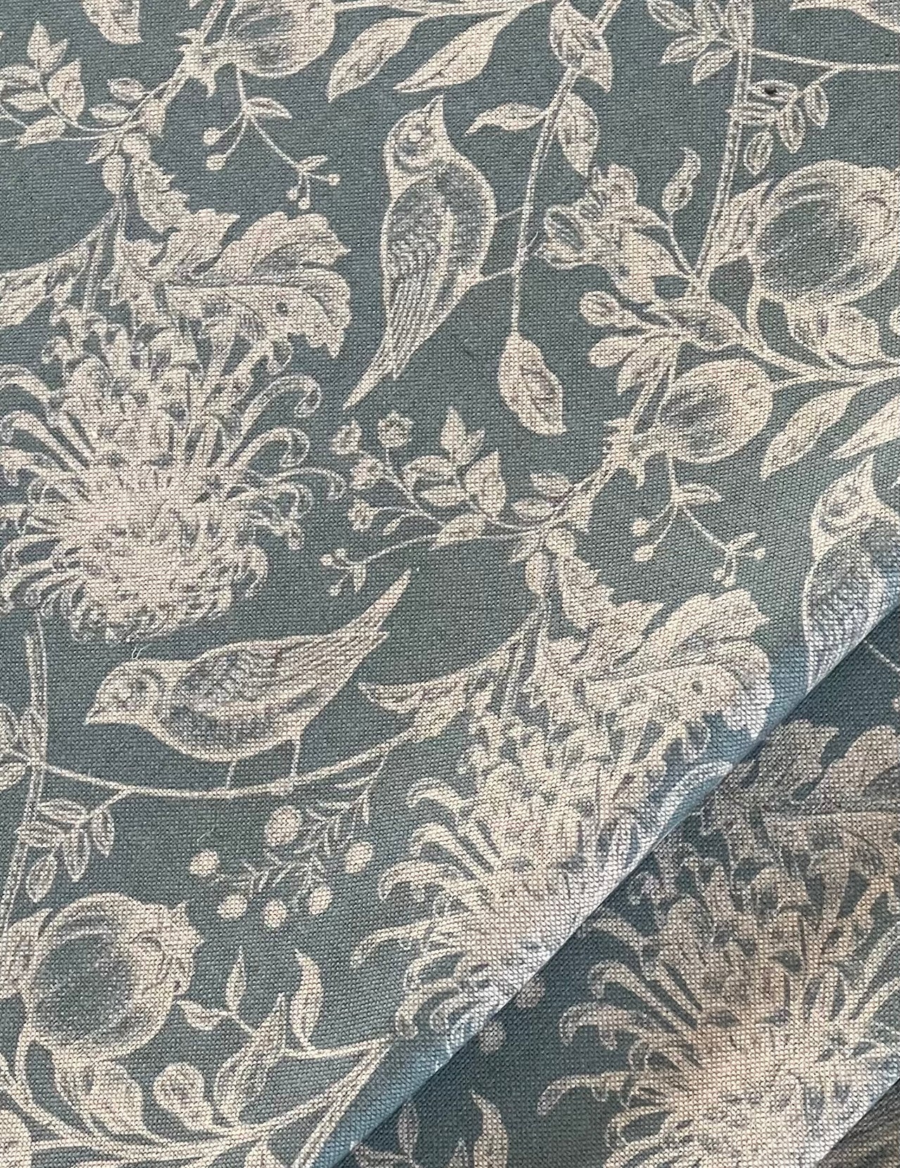 Steel Blue Floral Cotton Linen Fabric with Robin Birds – Ideal for Blinds, Curtains, Quilting, & Home Decor