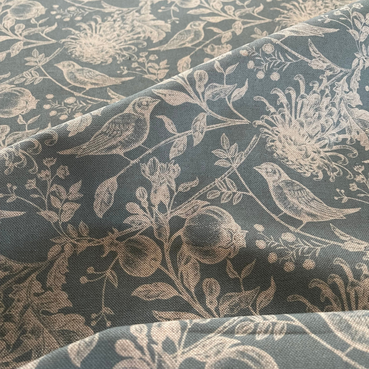 Steel Blue Floral Cotton Linen Fabric with Robin Birds – Ideal for Blinds, Curtains, Quilting, & Home Decor