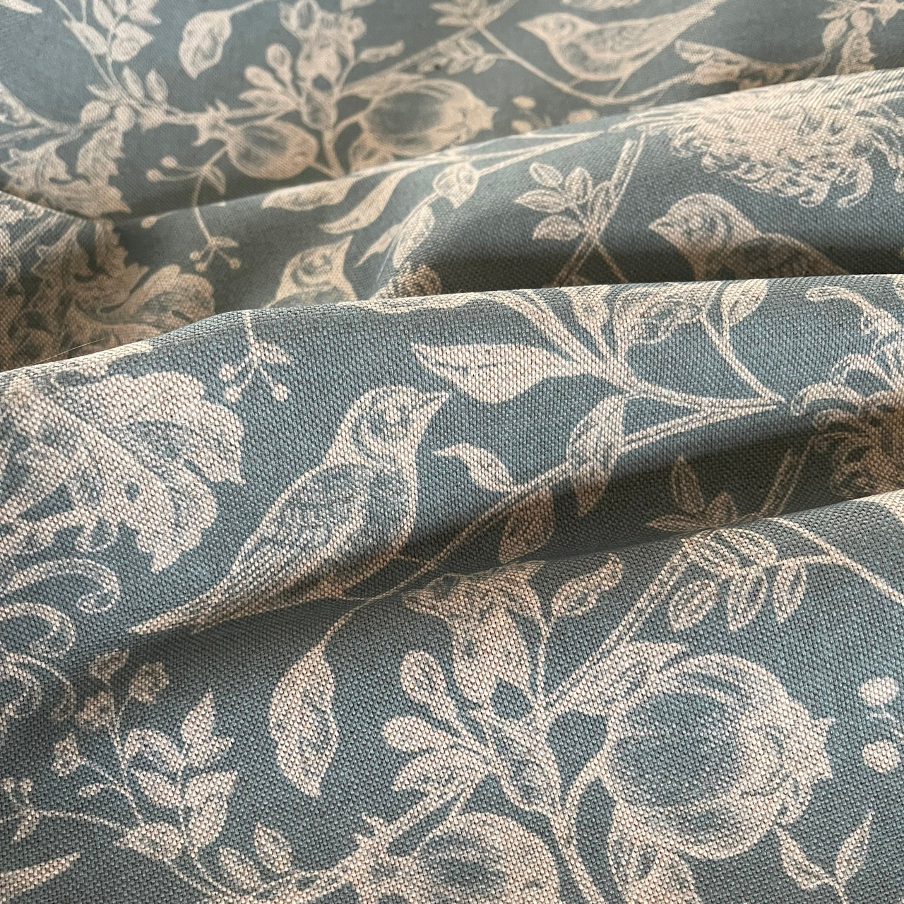 Steel Blue Floral Cotton Linen Fabric with Robin Birds – Ideal for Blinds, Curtains, Quilting, & Home Decor