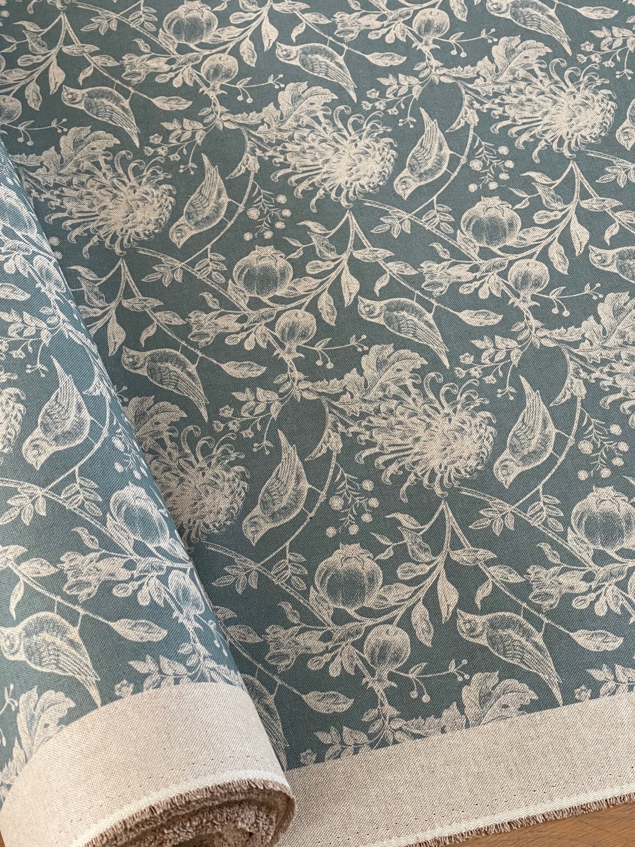 Steel Blue Floral Cotton Linen Fabric with Robin Birds – Ideal for Blinds, Curtains, Quilting, & Home Decor