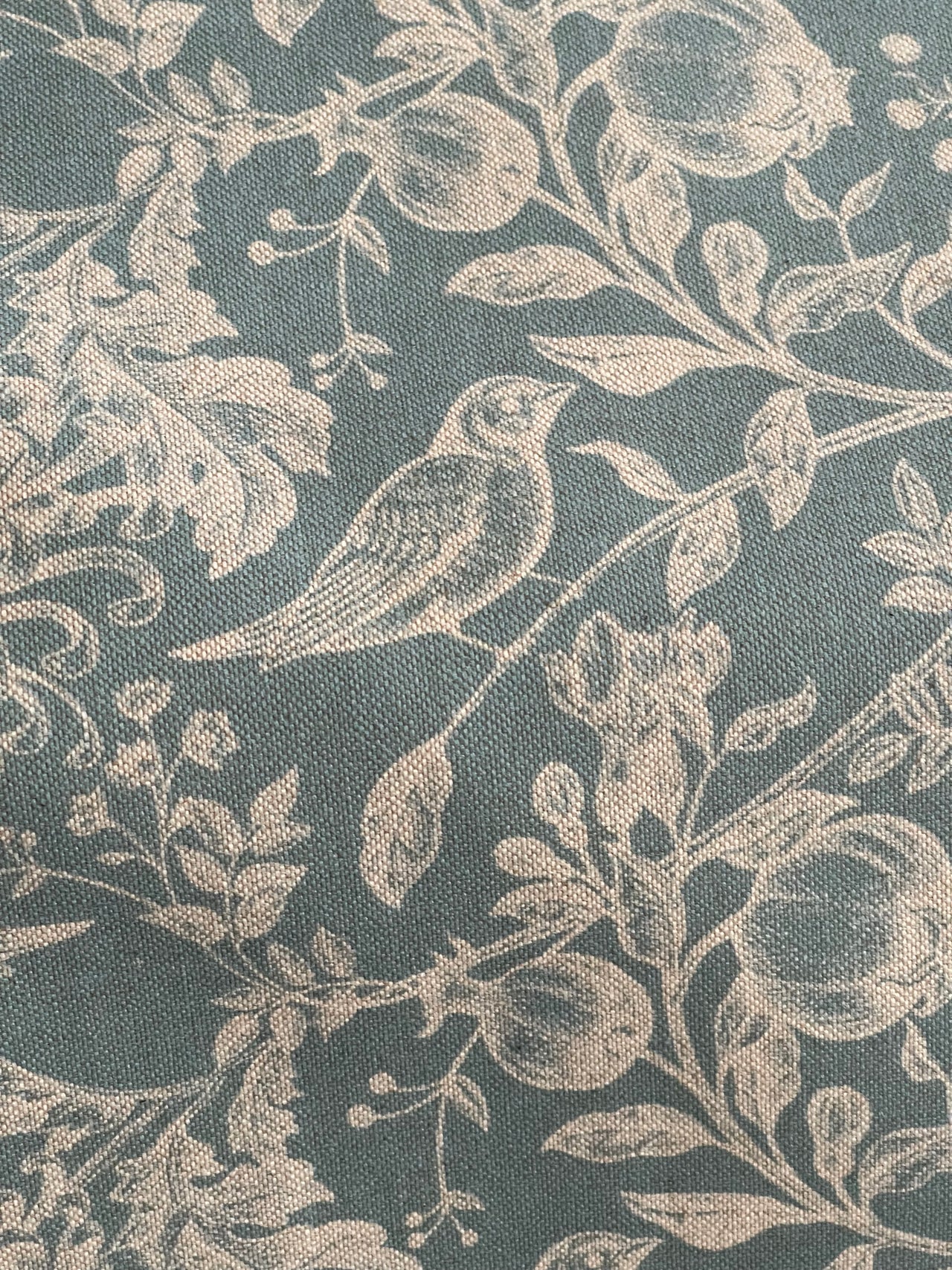 Steel Blue Floral Cotton Linen Fabric with Robin Birds – Ideal for Blinds, Curtains, Quilting, & Home Decor