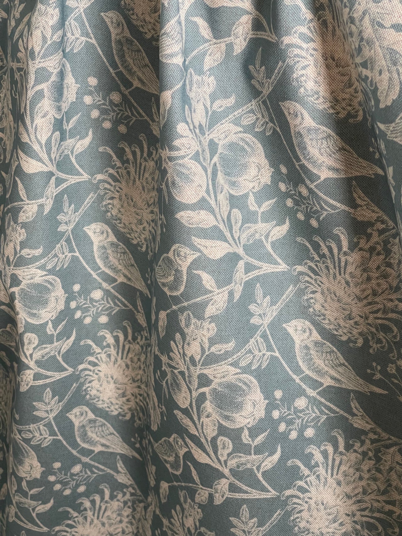 Steel Blue Floral Cotton Linen Fabric with Robin Birds – Ideal for Blinds, Curtains, Quilting, & Home Decor