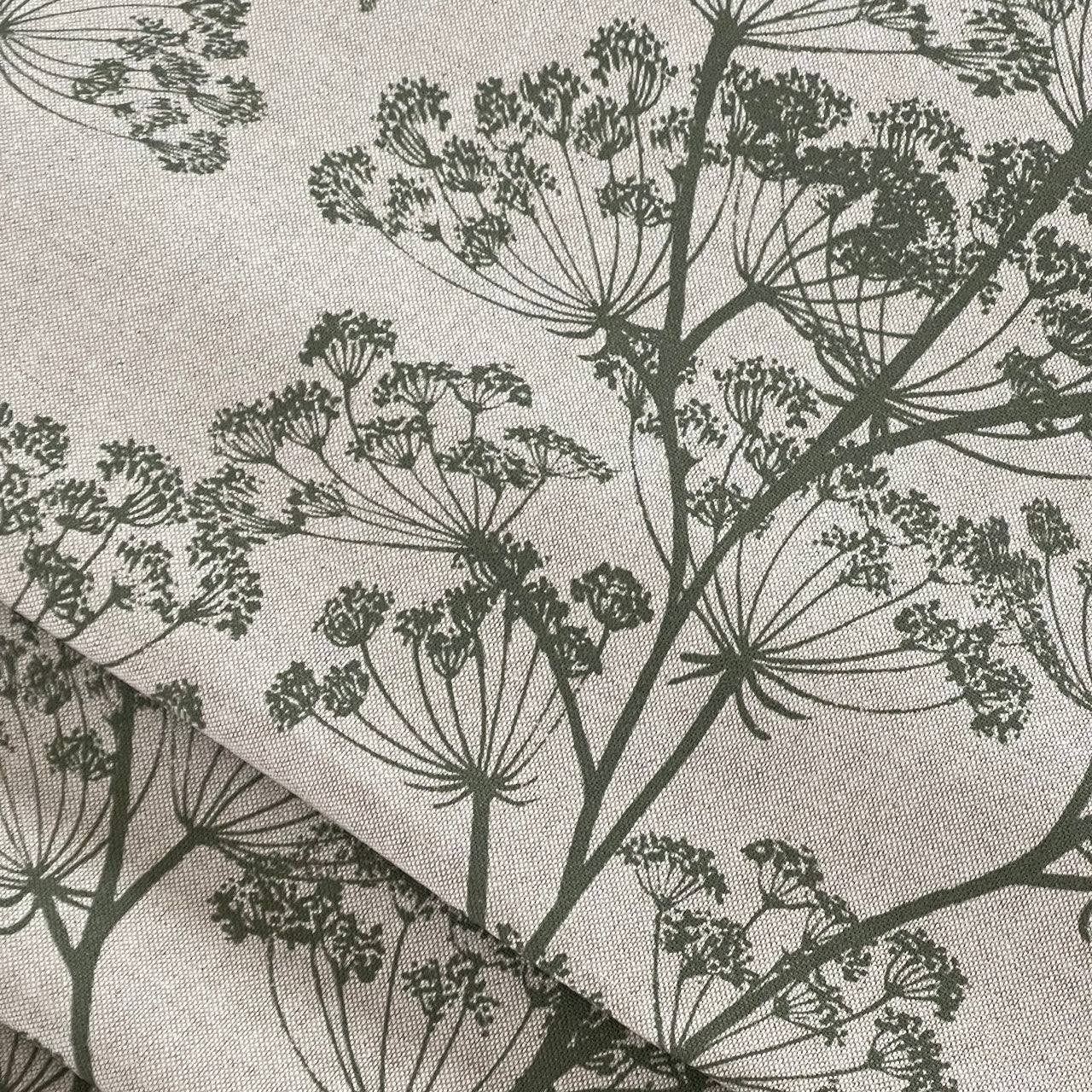 Cow Parsley Cotton Linen Look Fabric – Olive Green and Oatmeal Floral Print for Curtains Roman Blinds - Soft Furnishing