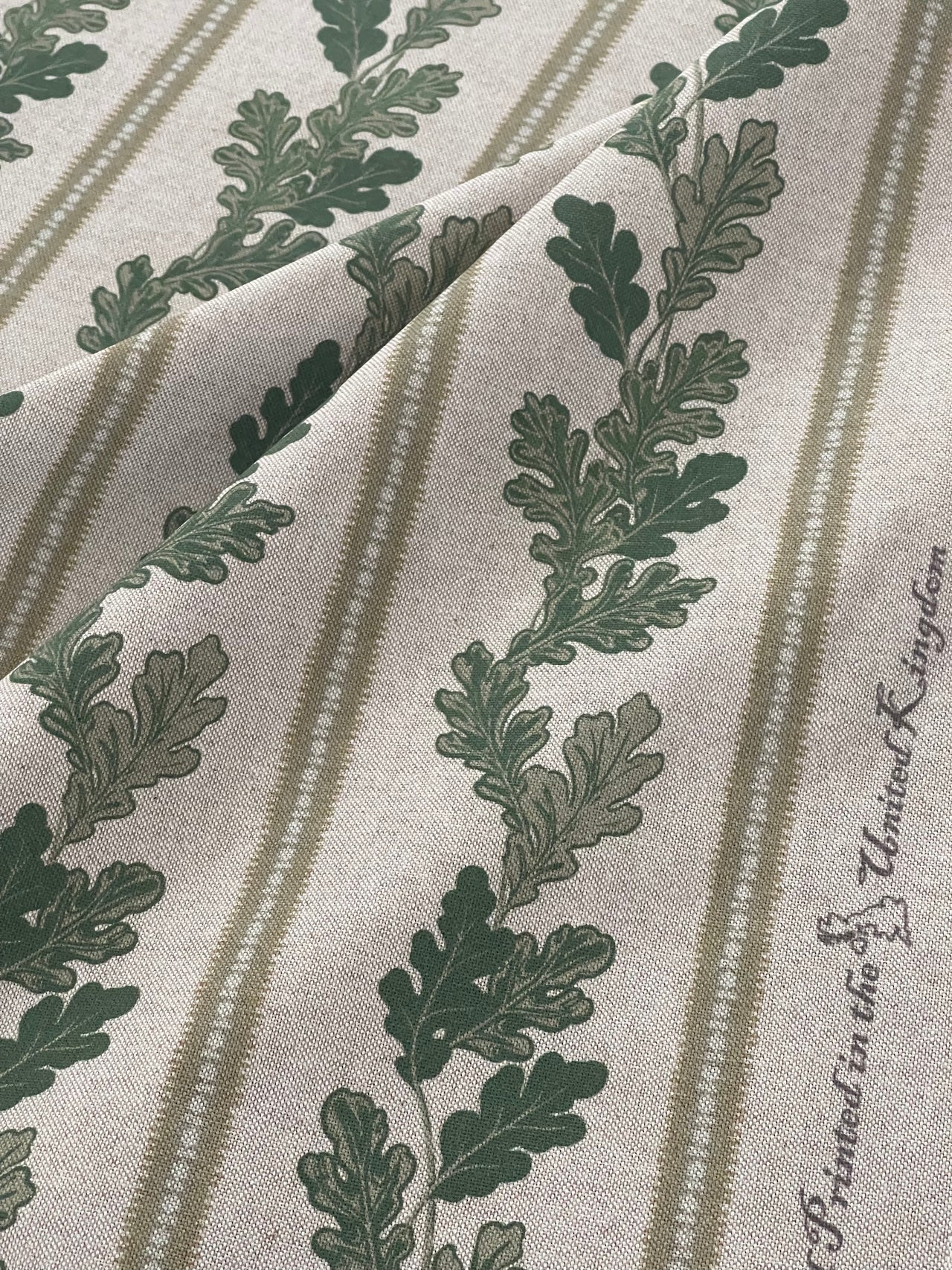 Green Stripes & Oak Leaves Cotton Linen Fabric – Rustic Country Decor, Perfect for Curtains, Cushions and Crafts