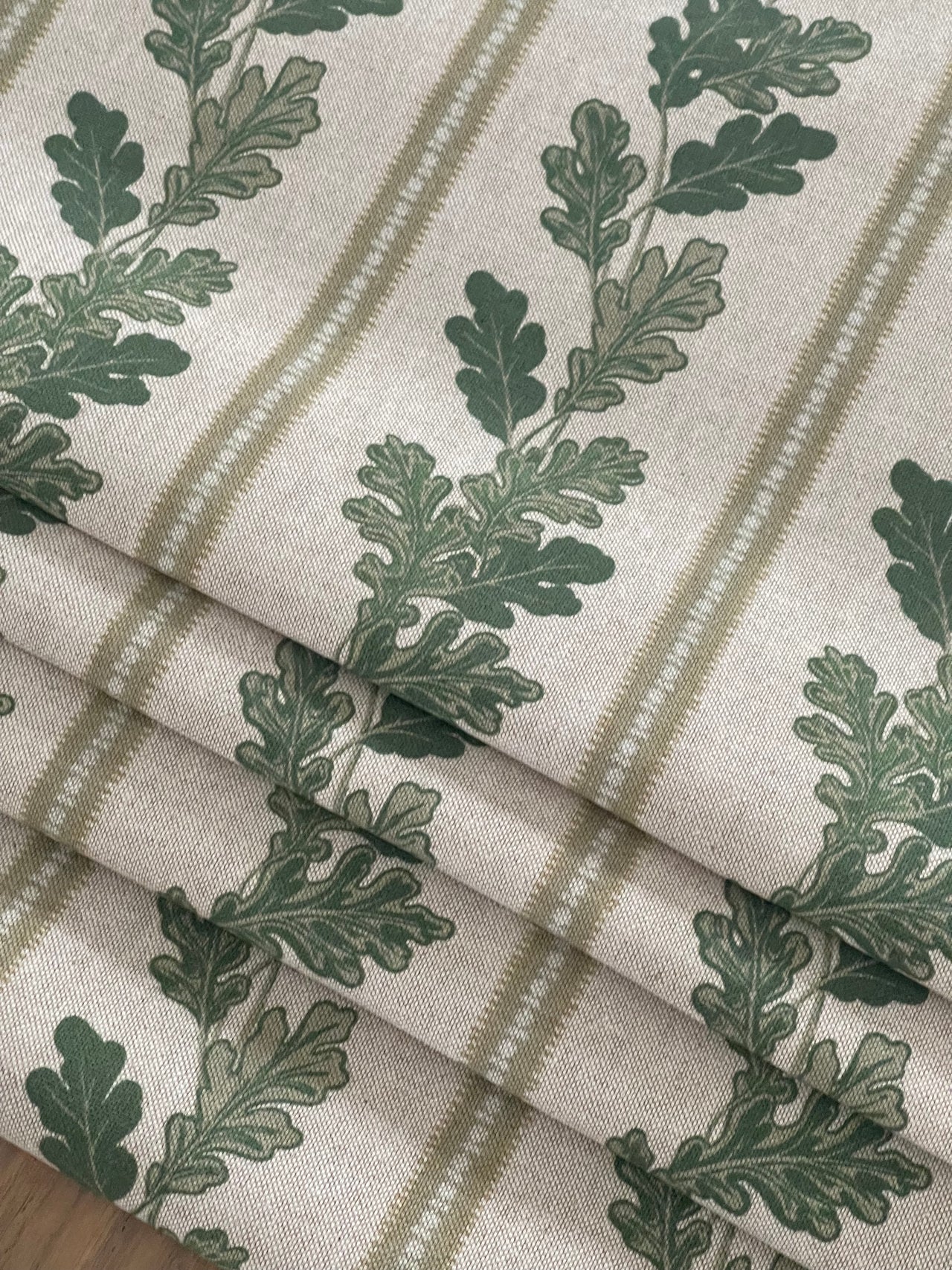 Green Stripes & Oak Leaves Cotton Linen Fabric – Rustic Country Decor, Perfect for Curtains, Cushions and Crafts